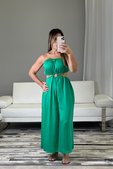  Green Silk Cutout Strapless Jumpsuit