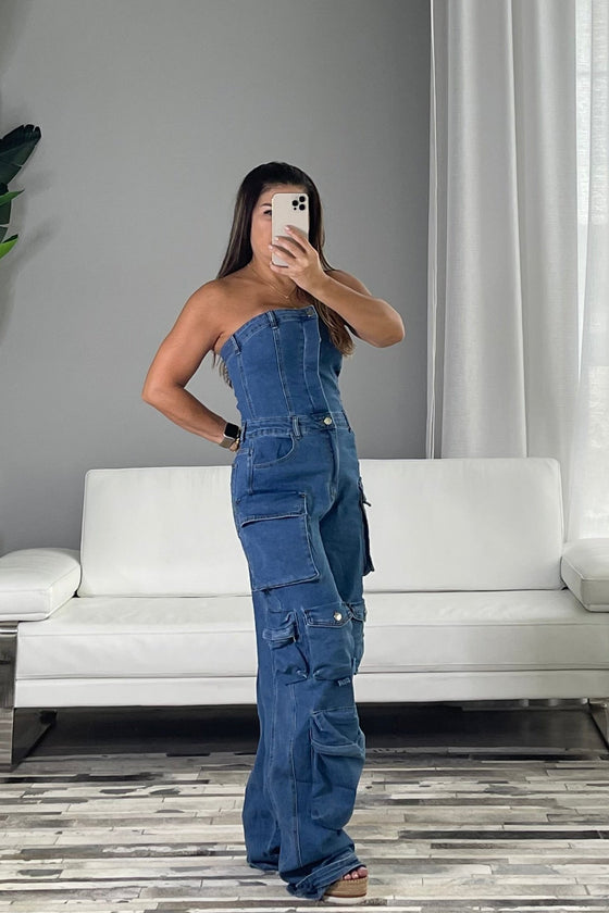 Denim Strapless Cargo Jumpsuit