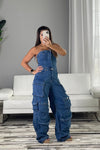 Denim Strapless Cargo Jumpsuit