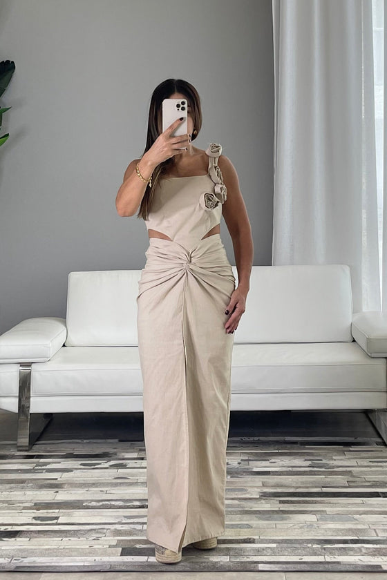 Khaki Linen Cutout Midi Dress