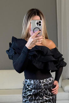  Ruffle Black Bodysuit