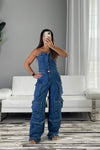 Denim Strapless Cargo Jumpsuit