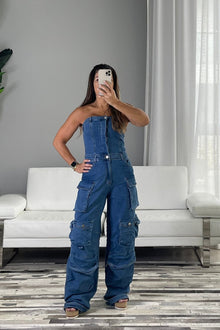  Denim Strapless Cargo Jumpsuit