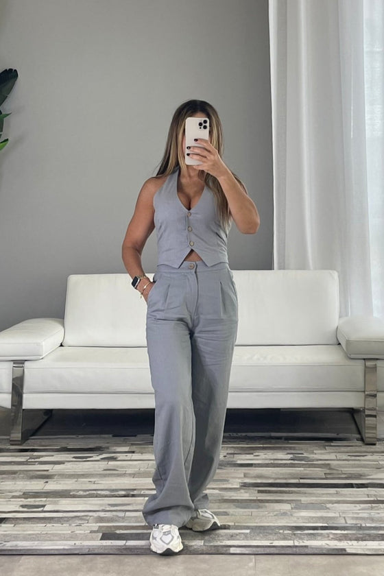 Grey Linen Halter Top+Pant Set