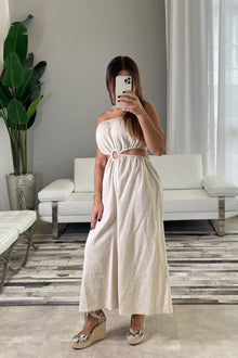  Oatmeal Linen Cutout Strapless Jumpsuit