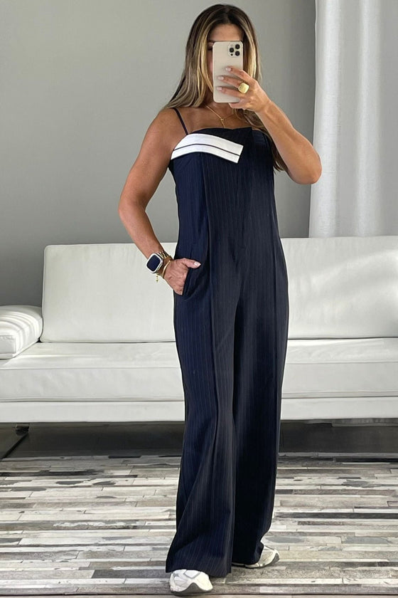 Navy Pinstripe Sleeveless Jumpsuit